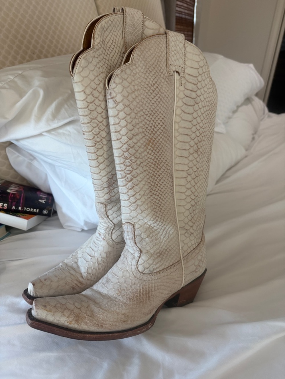 Women's Cream Snakeskin-Effect Western Boots